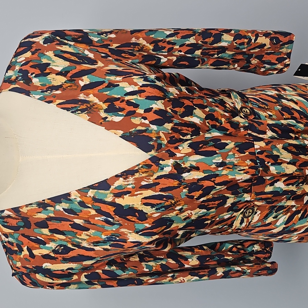 Leslie Fay V-Neck 3/4 Sleeve A-Line Midi Dress: Rust‎ Multi: Size- 6